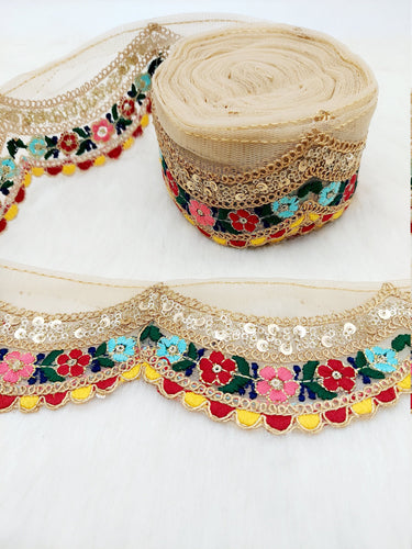 9 Yards Scallop Sequin Floral Border, Beige Shimmer Tissue Fabric Lace Trim Flowers Embroidery, Floral Sari Trimming